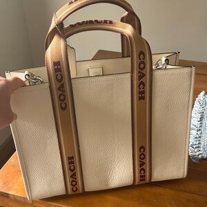 Coach Cream Pebbled Leather Tote with Tan Logo Webbing Straps, new without tags